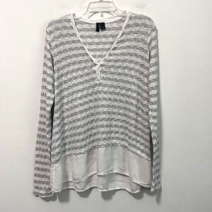 Left Of Center Sweater M V Neck Gray Stripe Thin Hem Long Sleeve Casual Boho